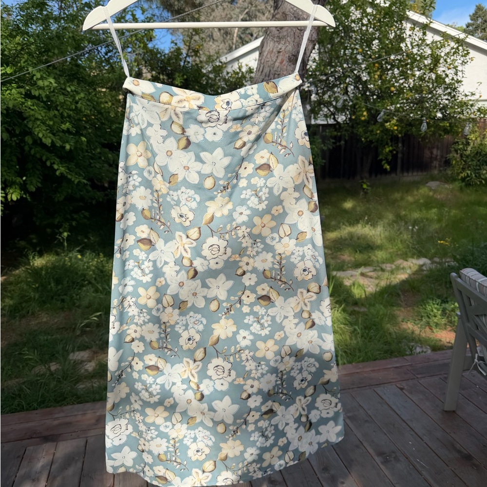 A. Byer Floral A-Line Skirt in Blue and Cream